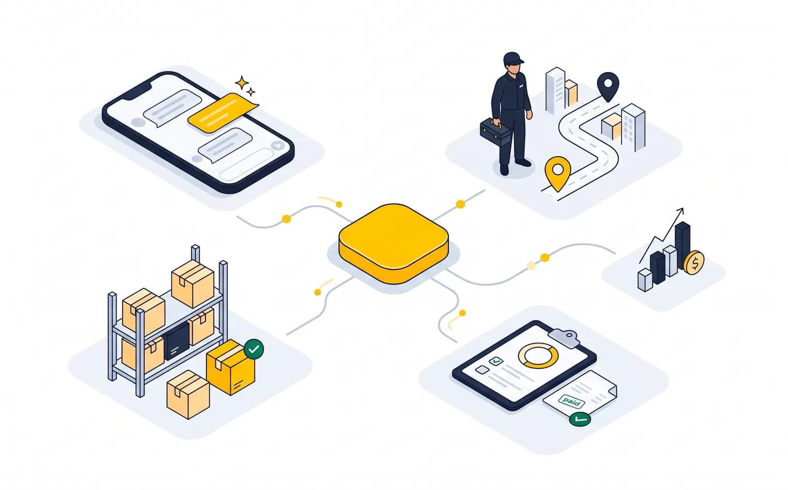 Ilustração da operação conectada pelo Buzz: atendimento com IA no WhatsApp, técnico em rota, estoque com peça reservada, ordem de serviço concluída e indicadores financeiros